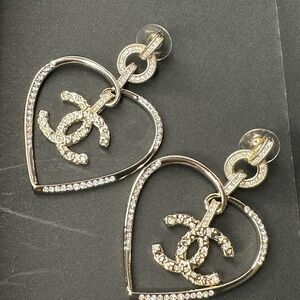 Chanel Pale Gold Metal and Strass CC Heart Earrings